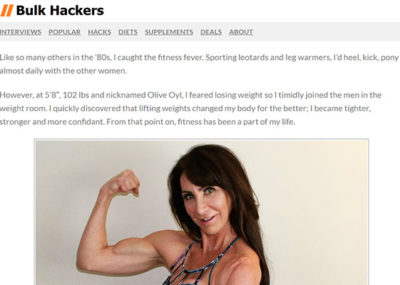Screenshot of a Bulk Hackers interview article featuring Lynn Montoya flexing her arm and smiling at the camera.