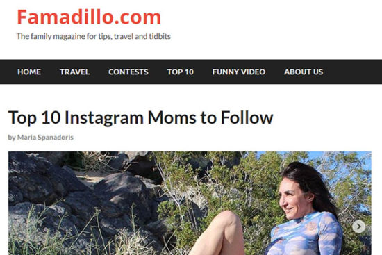 Screenshot of Famadillo article titled “Top 10 Instagram Moms to Follow,” featuring Lynn Montoya outdoors.