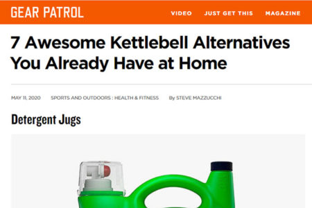 Screenshot of Gear Patrol article titled “7 Awesome Kettlebell Alternatives You Already Have at Home,” featuring a detergent jug as a DIY weight.
