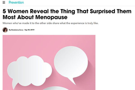 Screenshot of an article titled “5 Women Reveal the Thing That Surprised Them Most About Menopause,” featuring pink background and speech bubble icons.