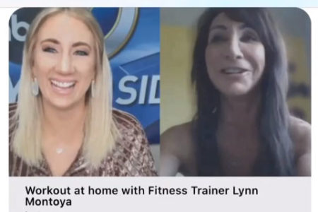 Screenshot of Lynn Montoya being interviewed on a local news segment about working out at home.